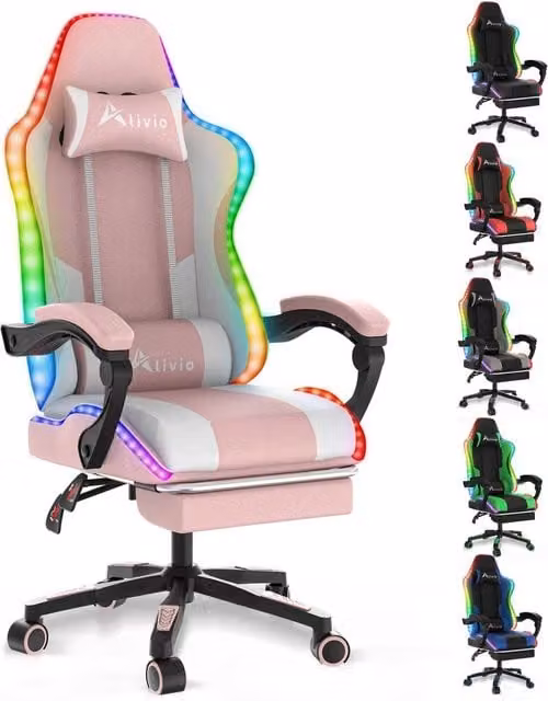 Alivio Pink RGB LED Gaming Chair with Massage Support, Footrest and App Control in Synthetic PU Leather – 1