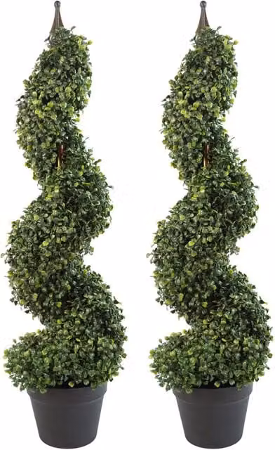 Leaf Pair of 2 Artificial Boxwood Tower Trees, Green Spiral Topiary with Metal Top, Height: 90 cm