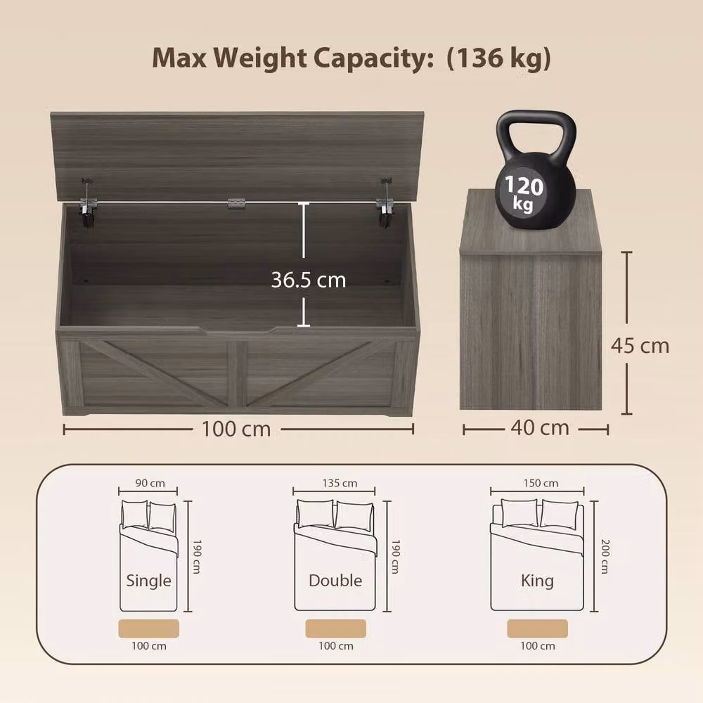 STILVORA Grey MDF Storage Box with Soft Close Lid and Flat Seat Top, W/D/H: 136 x 45 x 40 cm – 3