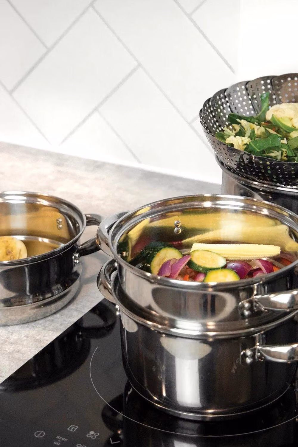 KitchenCraft Stainless Steel Three Tier 20cm Steamer Pot in Silver with Glass Lid – 2