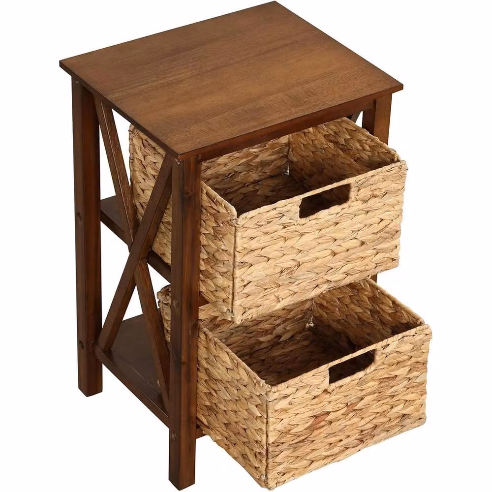 VOGREX Walnut Seagrass Basket Solid Wood Nightstand in Brown – 3