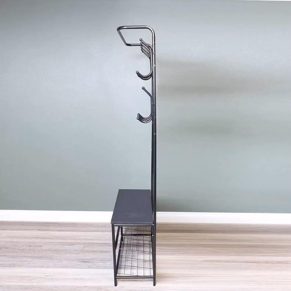 FORGEVIO Matt Black Metal Hall Tree with Bench and Dual Hook and Rail Matrix – 5