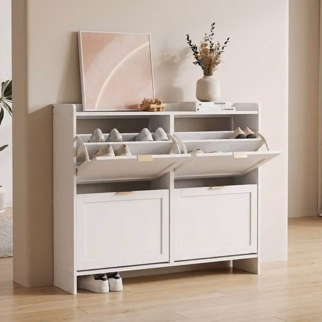STILVORA Modern White Shoe Cabinet with Tilting Compartments and Integrated Seat
