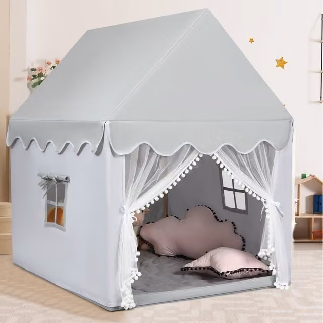 Costway Kids Play Tent Indoor Playhouse in Grey with Washable Wood Elements