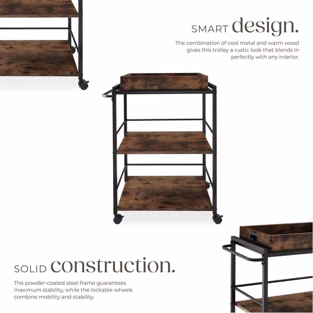 tectake Worcester Drinks Trolley in Brown with Rustic Wood and Metal Finish – 3