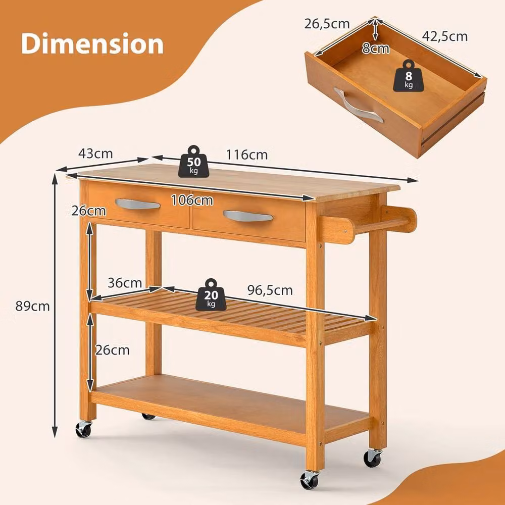 VOGREX 3-Tier Rolling Kitchen Cart with 2 Drawers in Rustic Brown Wood – 2