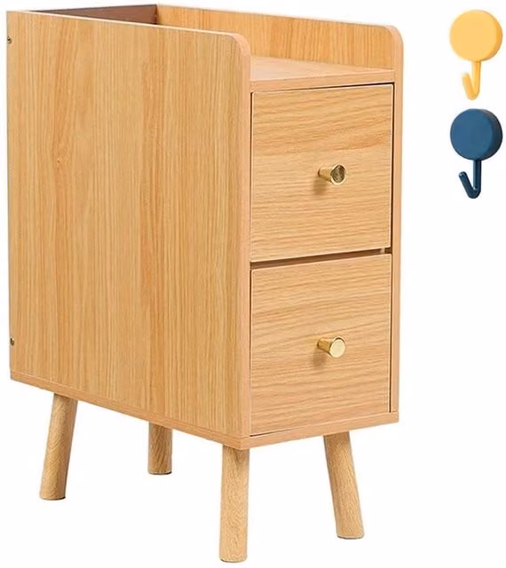 KORVIXA Slim Wood Bedside Table Narrow Cabinet with Drawers and High Legs in Brown