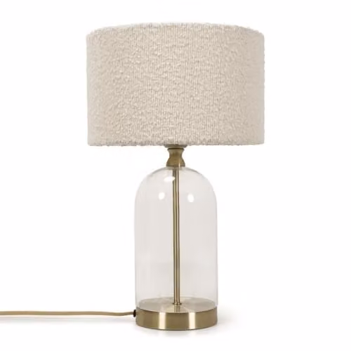 ValueLights Glass and Gold Metal Table Lamp with Beige Boucle Lampshade and 4W Warm White LED Bulb