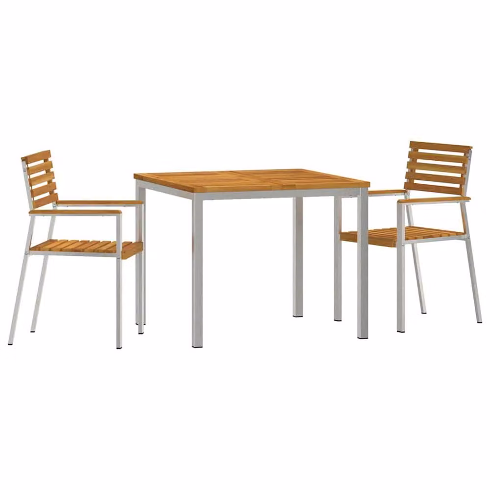 Berkfield Home 3-Piece Garden Dining Set in Brown Solid Acacia Wood and Stainless Steel – 2