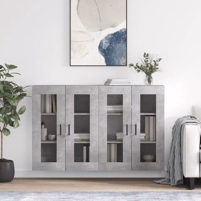 Berkfield Home Set of 2 Wall Mounted Cabinets in Concrete Grey with Glass Doors and Internal Shelves – 1