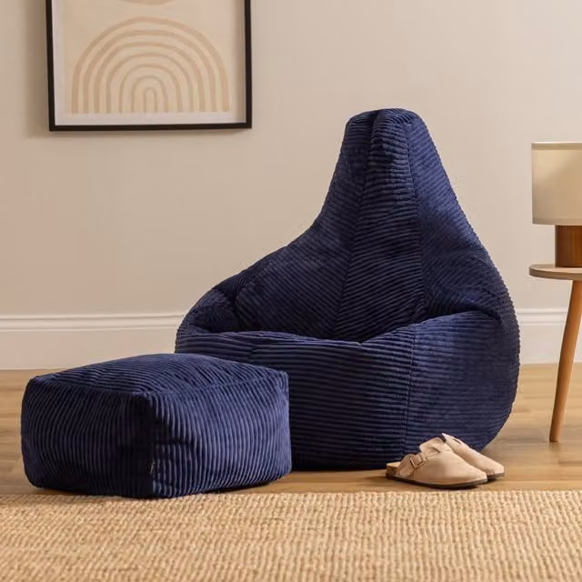 icon Dalton Gaming Bean Bag Chair and Footstool in Navy Blue Corduroy