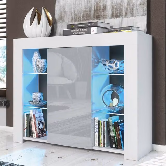 Mex Furniture LTD Harbor Sideboard with Integrated LED Lighting, White and Grey Gloss Finish, W: 97 cm, H: 83 cm, D: 35 cm