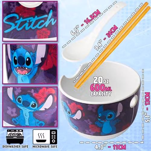 Get Trend Disney Stitch Ramen Bowl Set, Multicolour Ceramic Japanese Rice Noodles Bowl with Ceramic Spoon and Bamboo Chopsticks, 600ml – 6