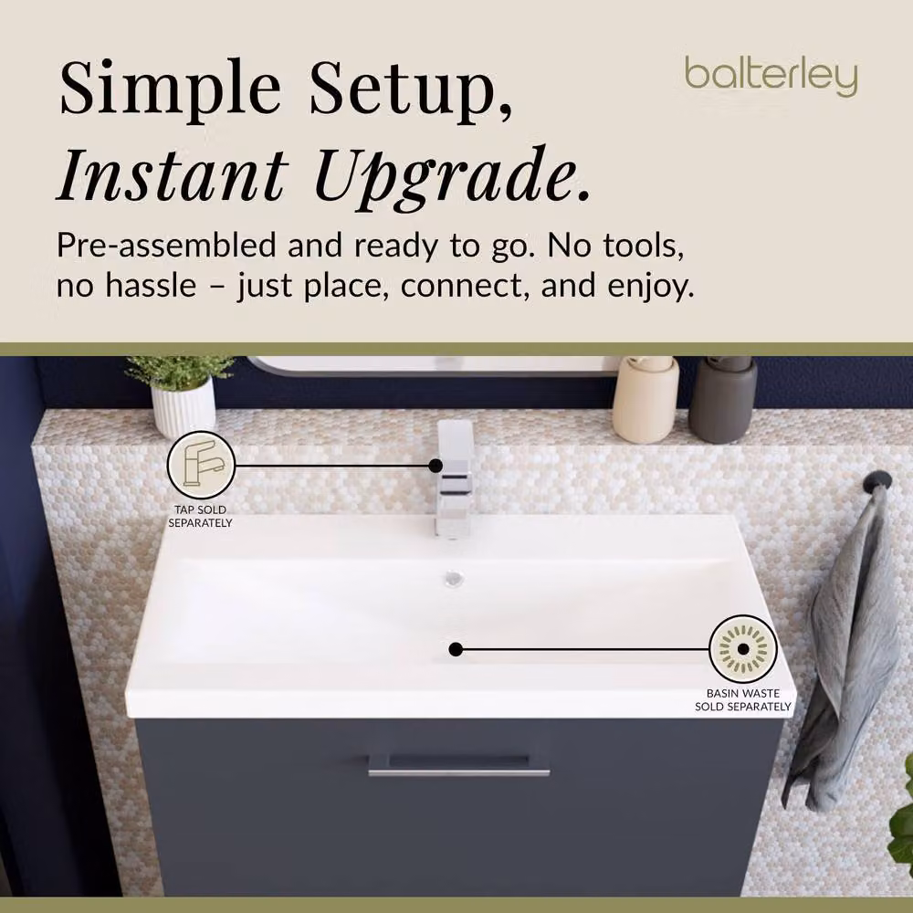 Balterley Modern 2 Drawer Floor Standing Bathroom Vanity Unit and Rectangular Mid-Edge Basin, Dark Grey, W: 80 cm, D: 39 cm, H: 85 cm – 4