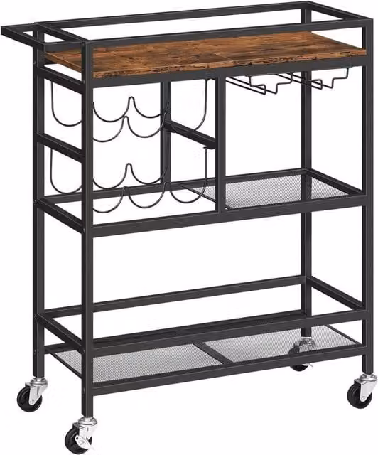 FORGEVIO Rustic Brown 3-Tier Home Bar Cart with Castors, W/D/H: 63.0 x 27.9 x 81.3 cm