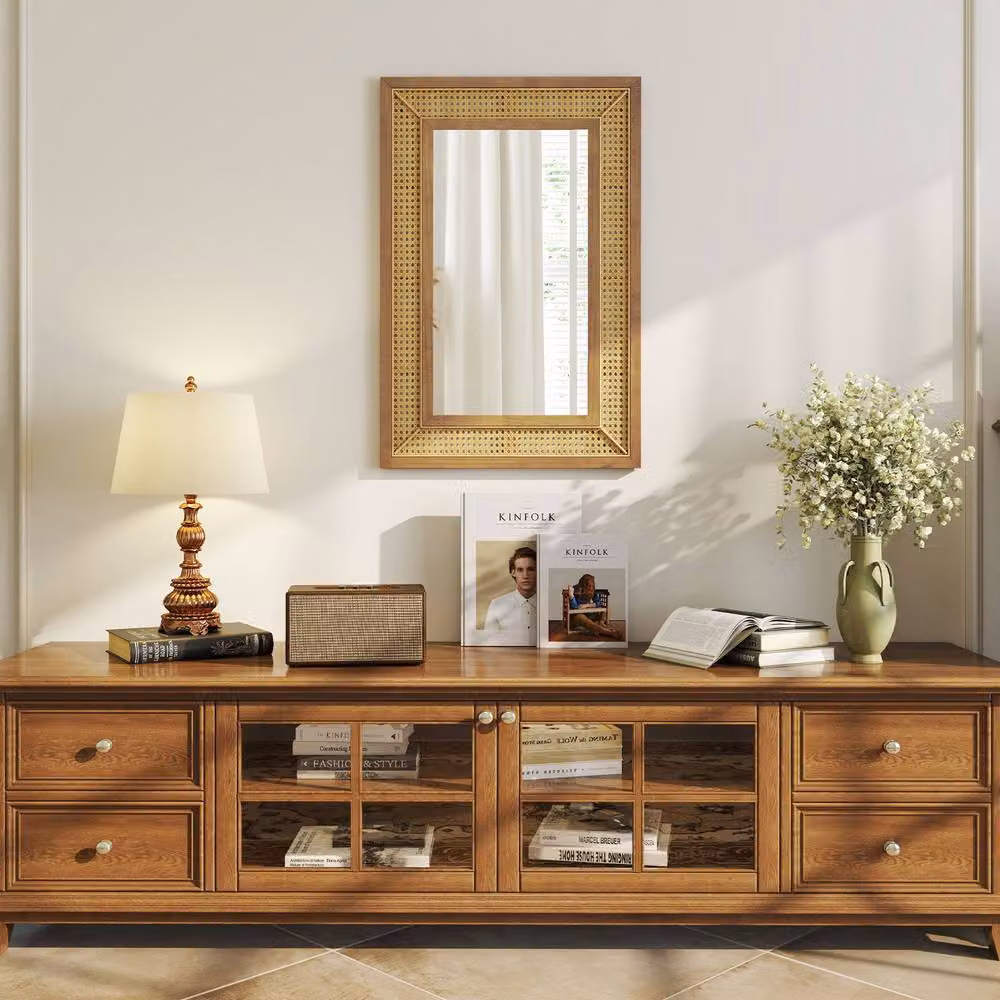 Gymax Bohemian Rectangular Rattan Wall Mirror in Brown, W: 90 cm, H: 60 cm – 2