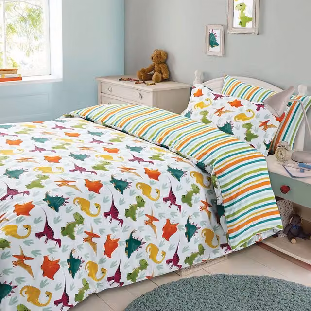 Dreamscene Dino Stripe Kids Reversible Duvet Cover Bedding Set, Green and White, W/H: 90 x 200 cm