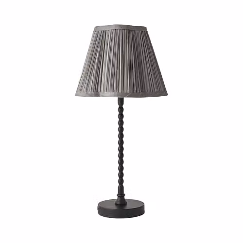 ValueLights Maeve Black Bobbin Table Lamp with Dark Grey Pleated Faux Silk Scallop Shade and LED Bulb Included – 1