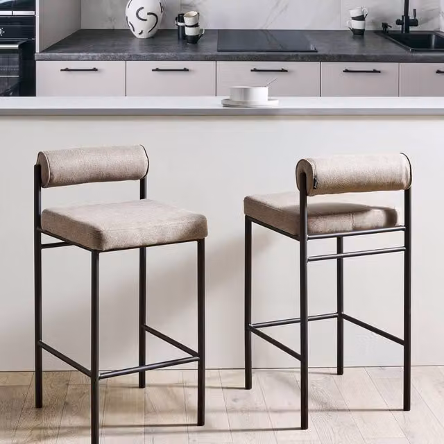 Wyld and Coco Set of 2 Taupe Armless Bar Stools with Roll Backrest and Black Powder Coated Metal Legs in Beige – 1