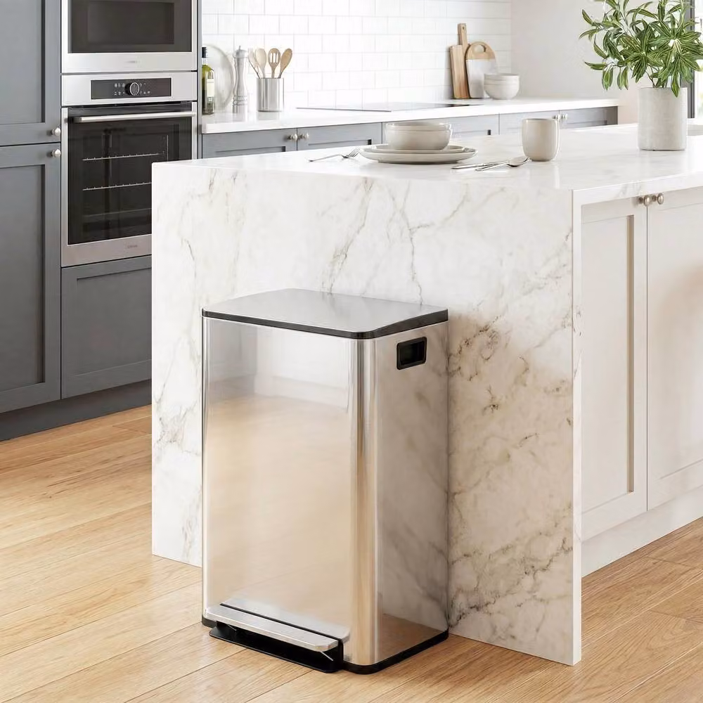 STILVORA 60L Stainless Steel Kitchen Bin in Silver with Dual Compartments, Soft-Close Lid and Odour Filter – 3