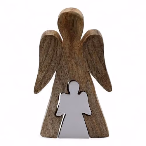 Serenityy Mango Wood Embracing Angels Figurine, White Enamel, W/D/H: 9 x 3 x 15 cm