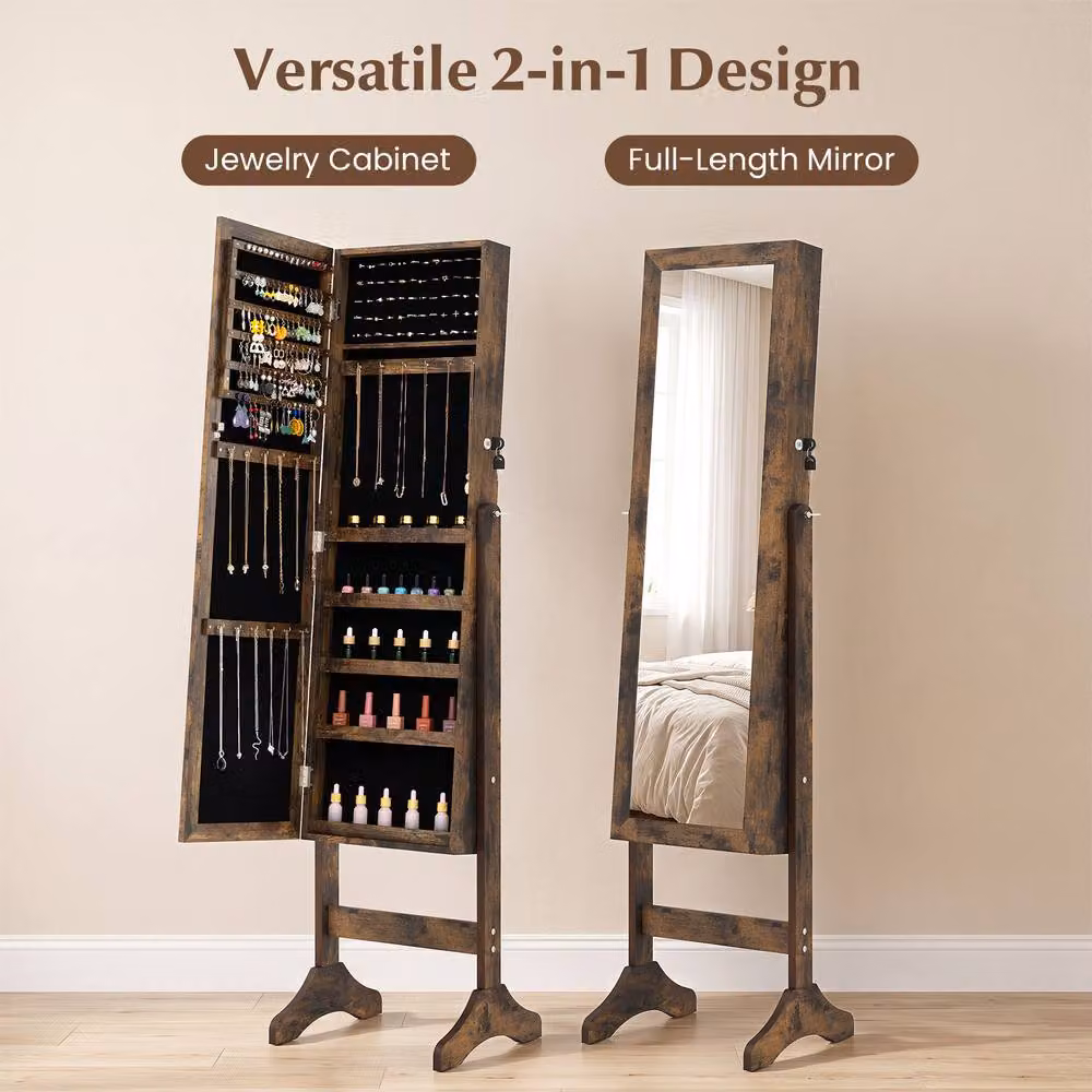 Costway Freestanding Jewelry Armoire Cabinet with Full Length Mirror in Brown – 5