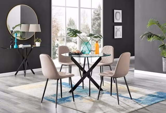 FurnitureboxUK Novara Round Glass Dining Table and Four Corona Faux Leather Chairs in Beige and Black