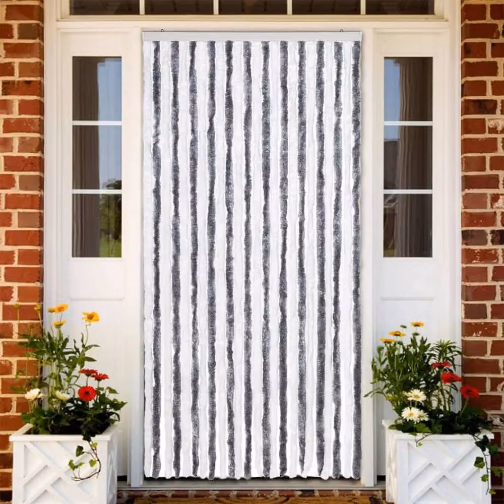Berkfield Home Grey and White Striped Chenille Insect Curtain, W: 100 cm, H: 220 cm – 2