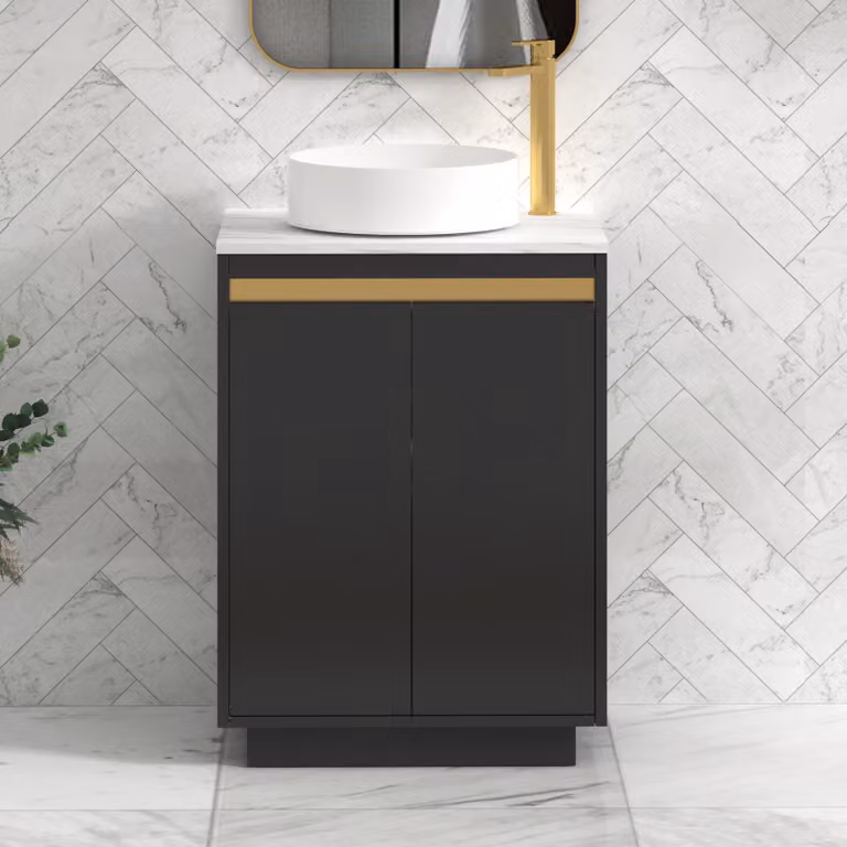 Royal Bathrooms Orion 800mm Matt Obsidian Black Floor Standing 2 Door Vanity Unit with Carrara White Undrilled Worktop and Brushed Brass Accent Trim