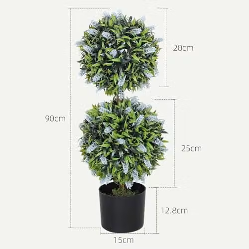 HOMCOM Set of 2 Blue and Green Artificial Floral Ball Trees in Round Concrete and Plastic Pots, Height: 70 cm – 5