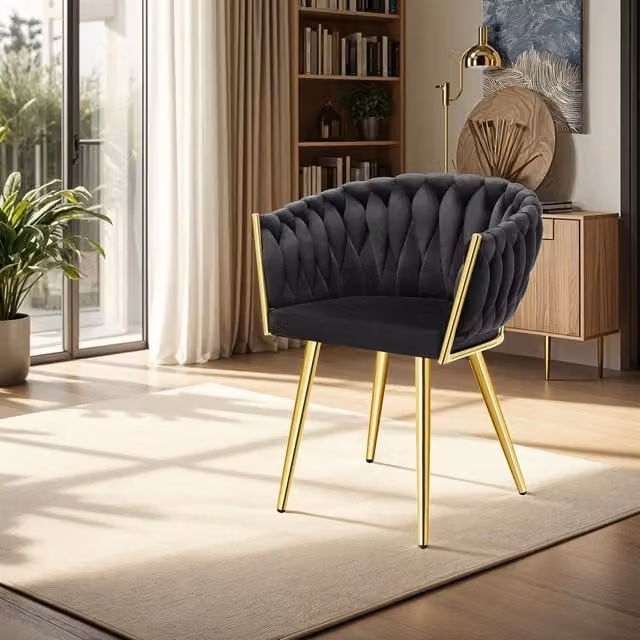 TECTAKE Astano Modern Dining Chair with Armrests, Black and Gold Velvet Upholstery