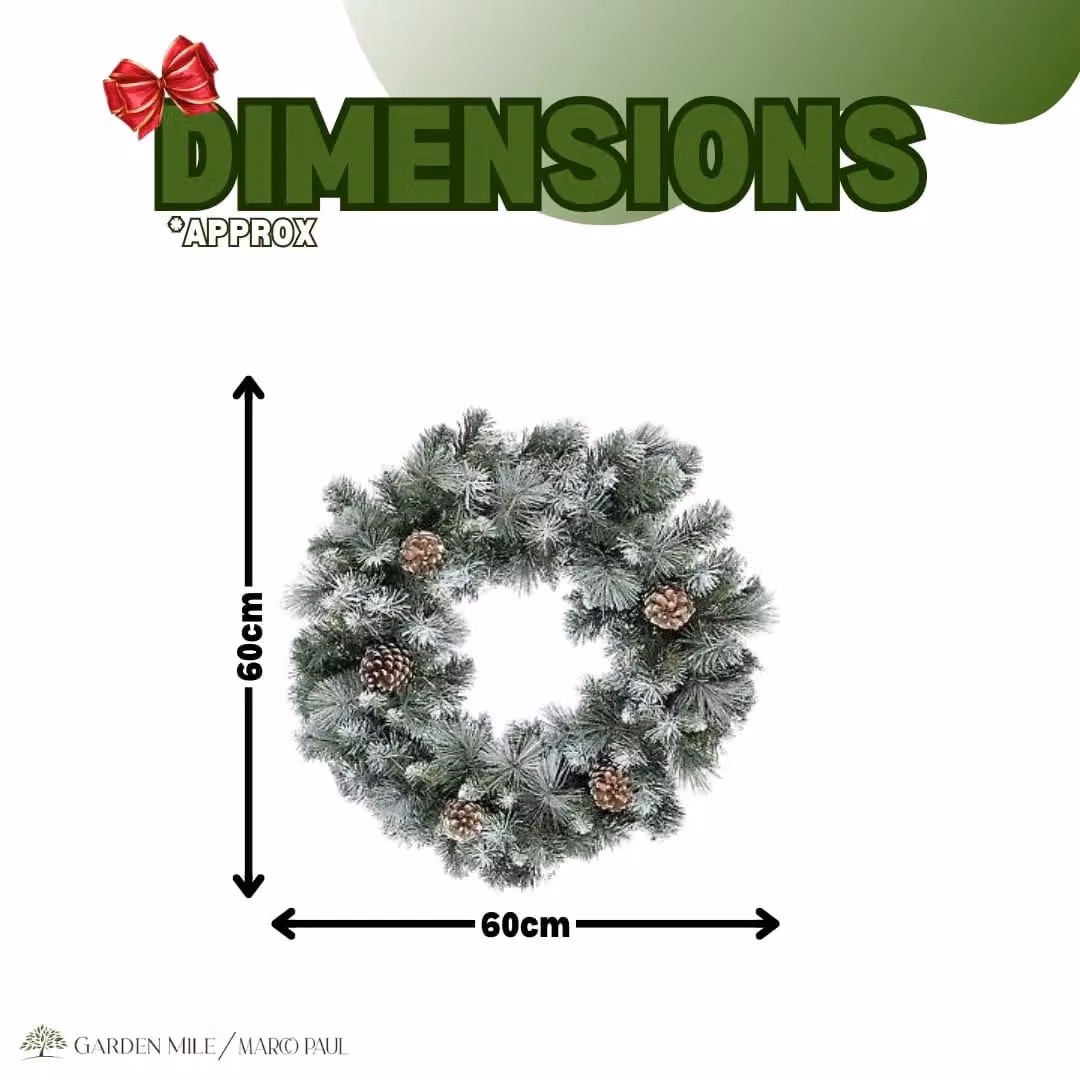 Marco Paul Large Snow Flocked Christmas Wreath with Pinecones in Green, Diameter: 58 cm – 2