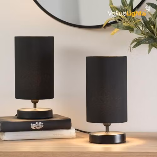 ValueLights Francis Dimmable Touch Table Lamp with Black Fabric Shade and Metal Cylinder Base – 4