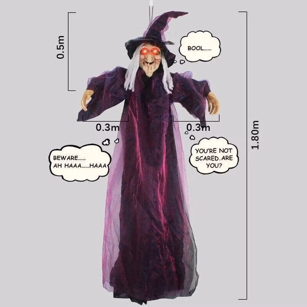 SPETLEK Halloween Hanging Animated Talking Spooky Witch in Purple, H 100 cm x W 60 cm – 2