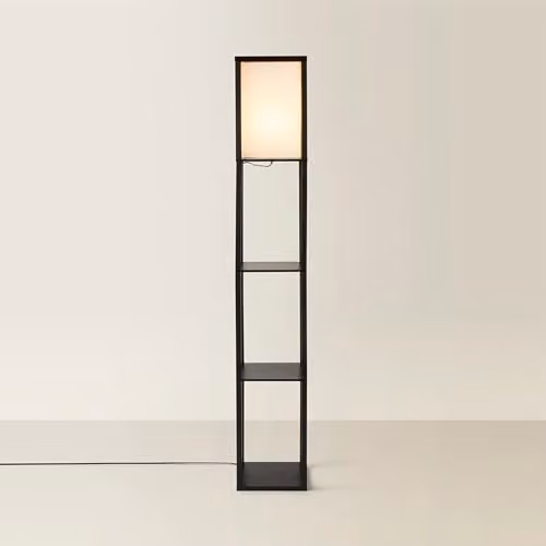 ValueLights MiniSun Black Wooden Floor Lamp with Fabric Shade and LED Bulb – 1
