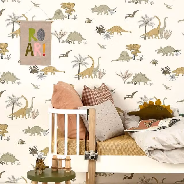 Hibou Design Dinosaurs Non-Woven Wallpaper in Grey/Olive