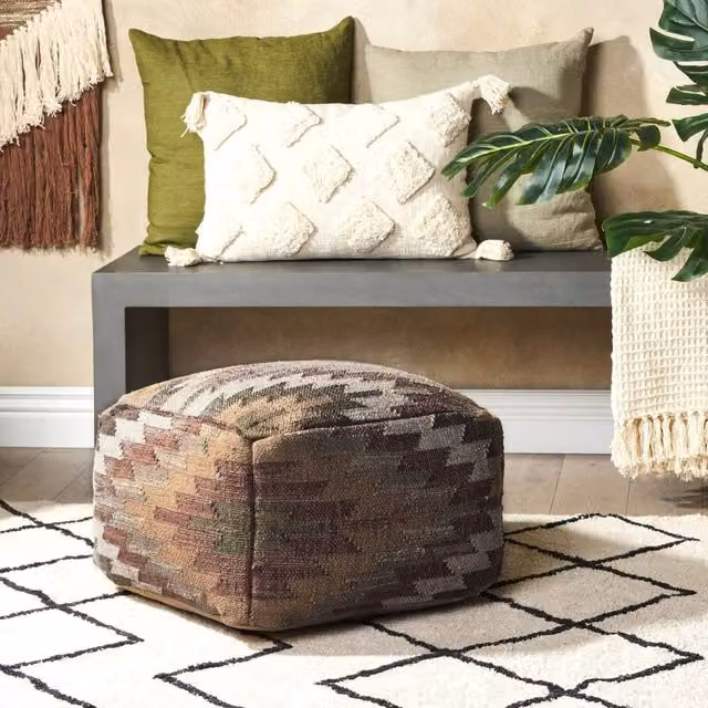 Wyld and Coco Handwoven Geometric Jute and Wool Pouffe in Multicolour Beige, W/D/H: 50 x 50 x 30 cm