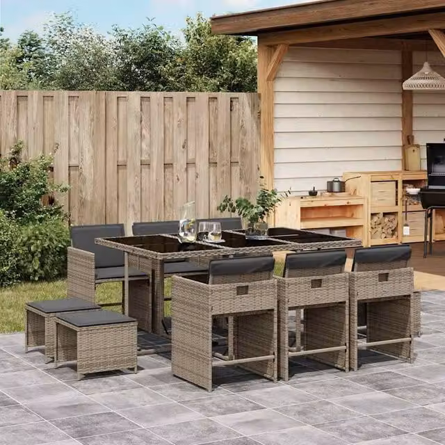 Berkfield Home 11 Piece Grey Poly Rattan Garden Dining Set with Cushions