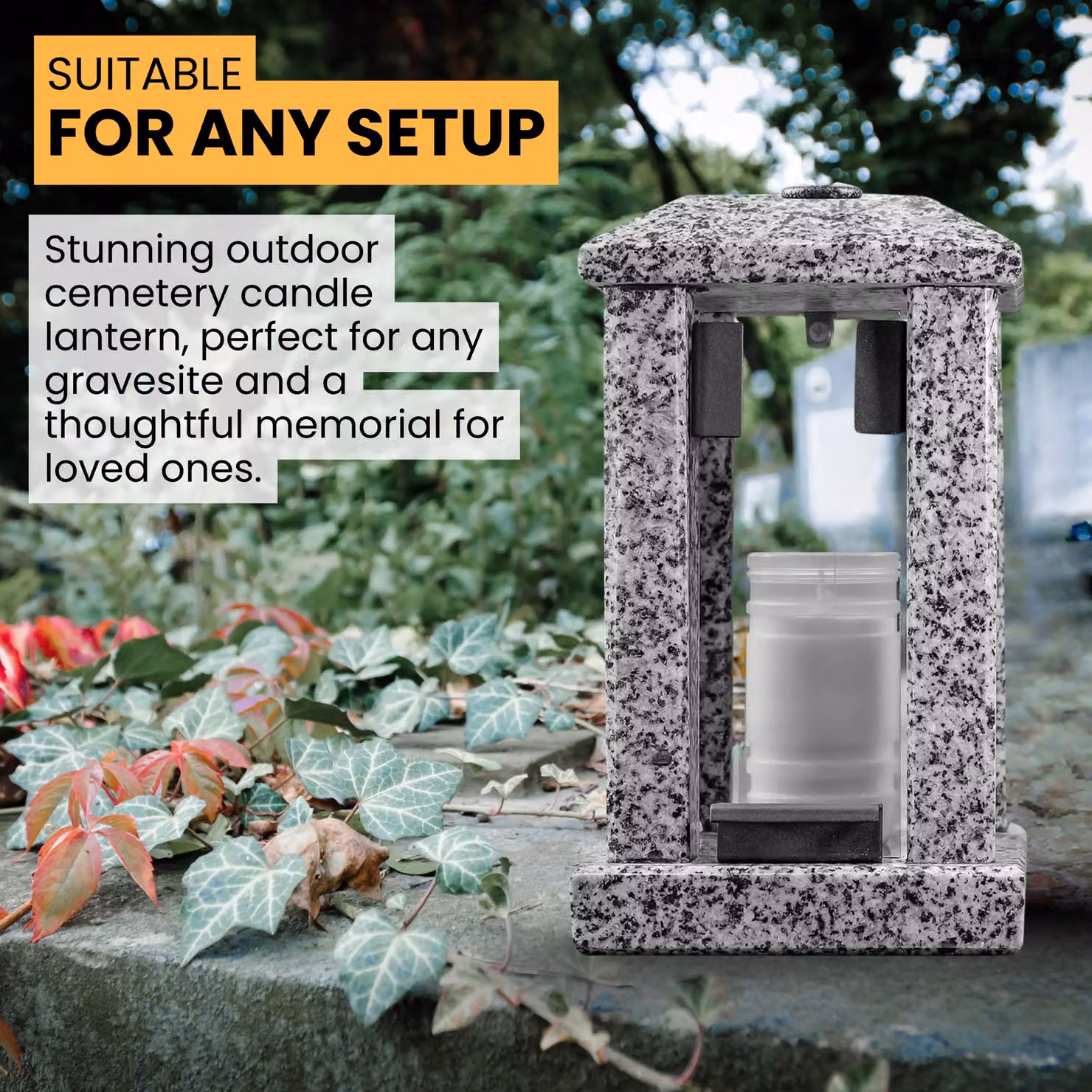 Novecrafto Large Polished Grey Granite Memorial Candle Lantern, H 32 cm, W 15 cm, D 15 cm – 4