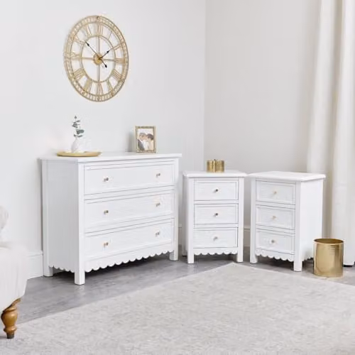 Melody Maison Staunton White Large Scalloped 3 Drawer Chest of Drawers and Pair of Bedside Tables with Gold Details