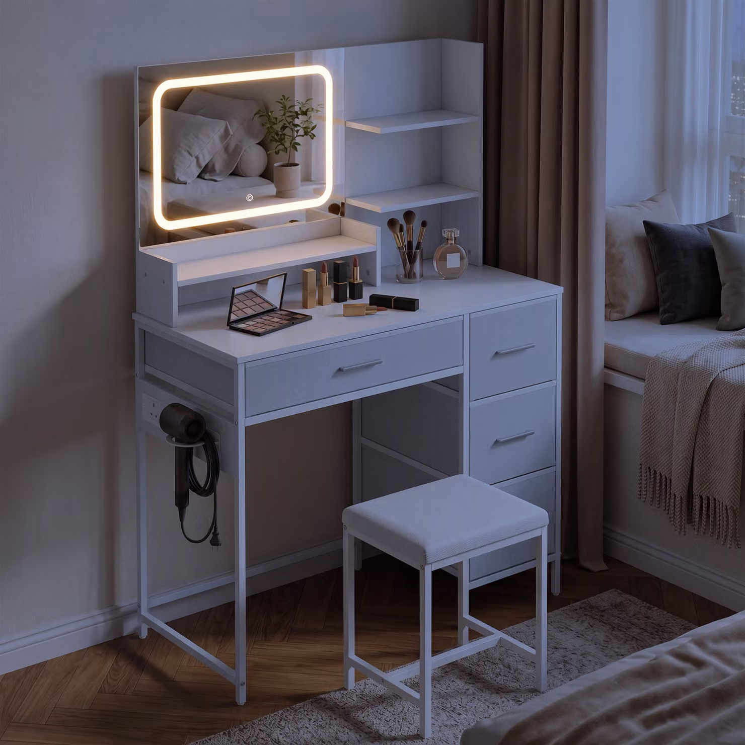 HOMCOM White Modern Dressing Table with 3-Colour LED Mirror, Power Outlet, USB Charging Port, 4 Drawers and 5 Shelves – 3