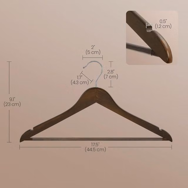 SONGMICS Set of 20 Brown Wooden Clothes Hangers with Silver Metal Details