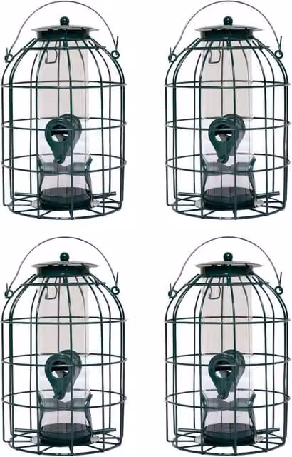 Samuel ALEXANDER Pack of 4 Green Metal Wild Bird Seed Feeder Cages with Squirrel Proof Guard