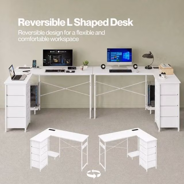 FORGEVIO L-Shaped Corner Office Desk with Drawers and Power Outlet in White