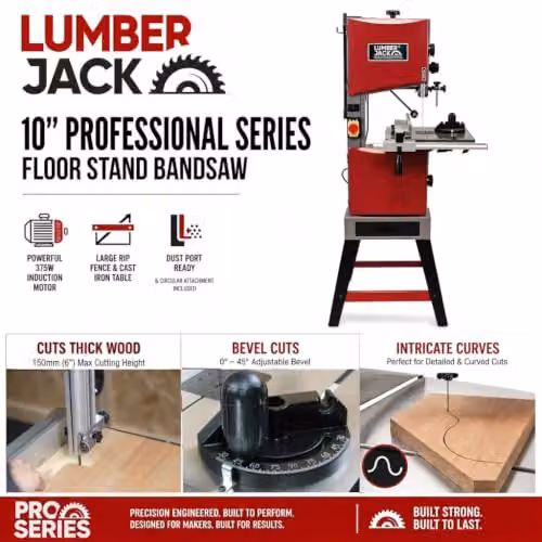 Lumberjack 10 inch Professional Benchtop Bandsaw with Cast Iron Table in Red, 375W Induction Motor, 230V – 5