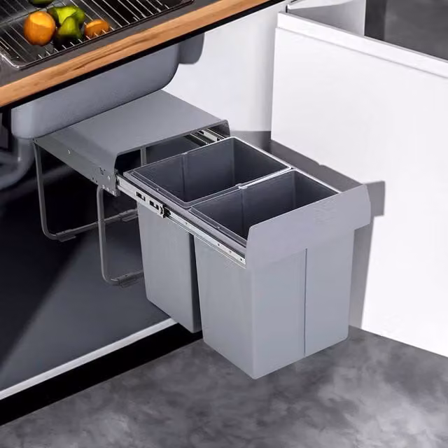 EONLION Grey Pull Out Kitchen Waste Bin with Soft Close Mechanism, 2 x 20L