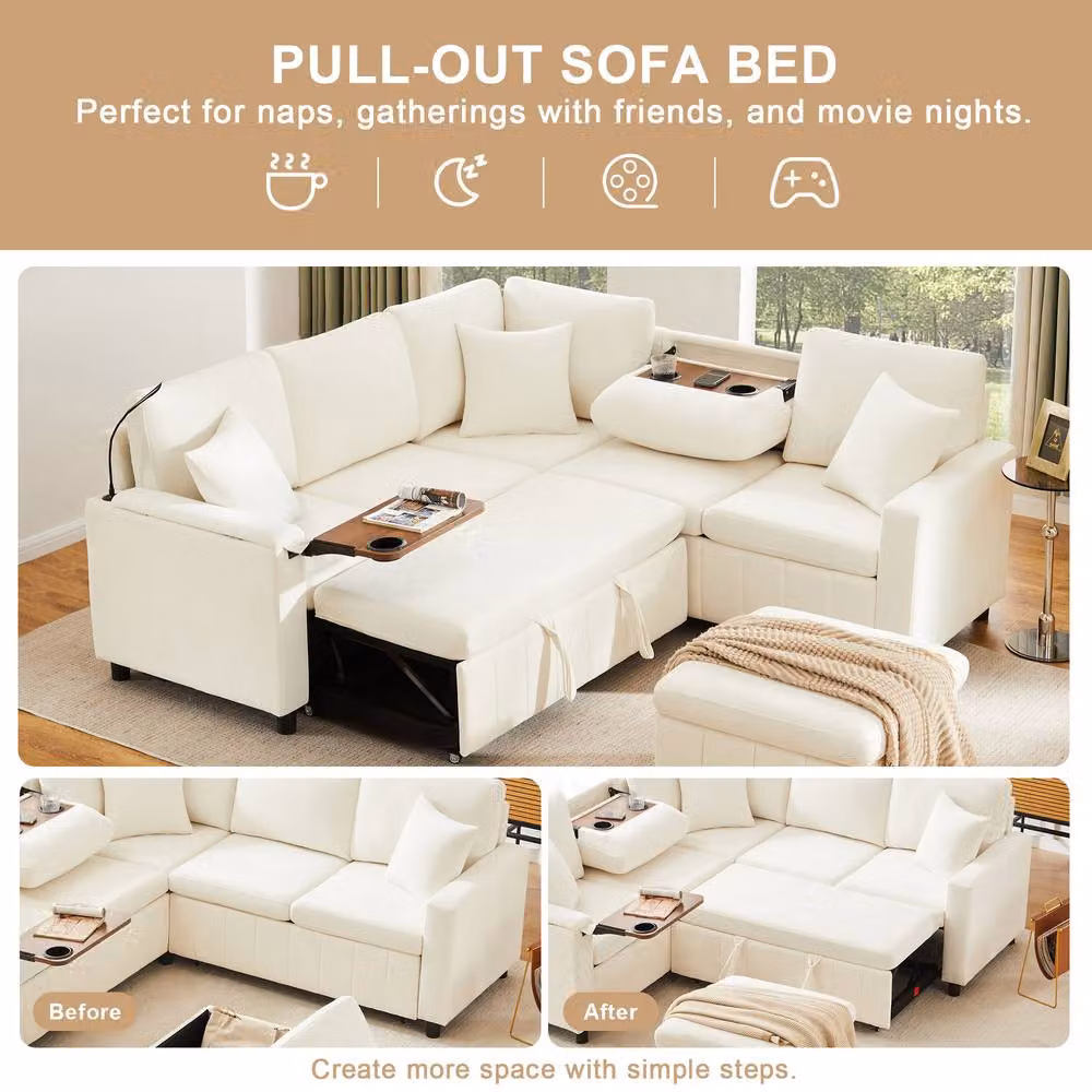 FENCHILIN Modern L-Shape Pull-out Sofa Bed with Hidden Table, Reading Lamp and Cup Holders in Beige Fabric – 2