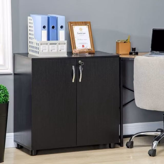 STILVORA Modern Black Matt Storage Cabinet with Lockable Hinged Doors and Internal Shelves