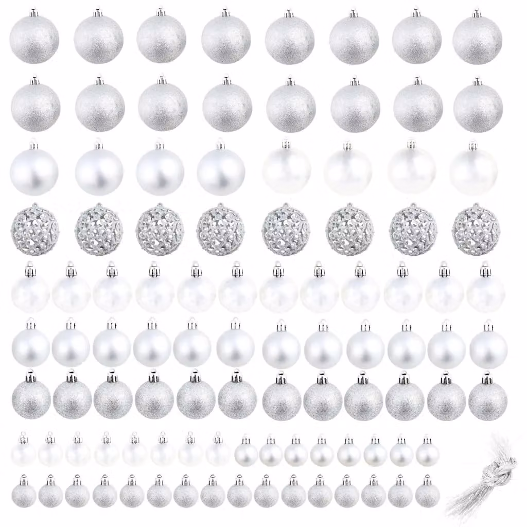 Berkfield Home 100 Piece Silver Christmas Bauble Set, Round Hanging Ornaments in 3 cm, 4 cm and 6 cm Sizes