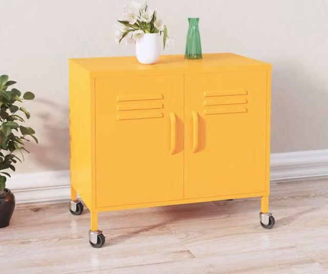 Berkfield Home Freestanding Industrial Storage Cabinet in Yellow Metal with Hinged Doors, W/D/H: 60 x 35 x 56 cm